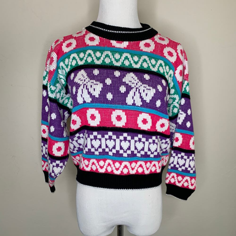 Vintage Bright Sweater Bows Hearts XS Pink Purple